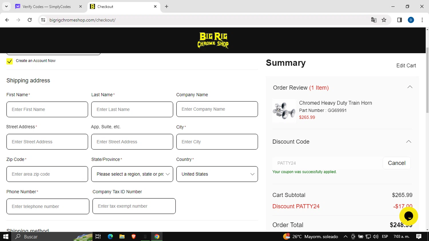 Big Rig Chrome Shop checkout page showing Big Rig Chrome Shop discount code box | Screenshot taken by SimplyCodes community member on Mar 17, 2024