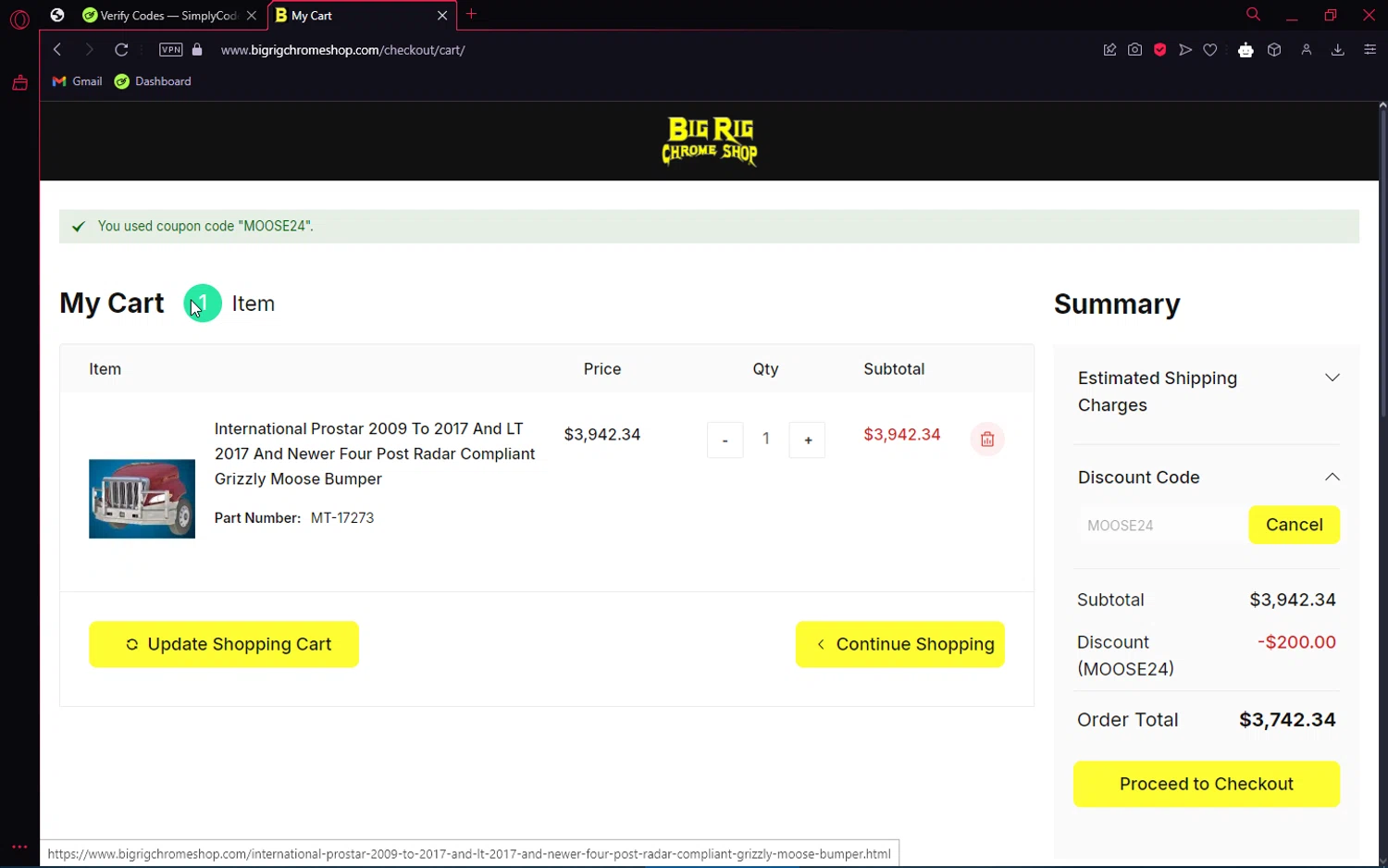 Big Rig Chrome Shop checkout page showing Big Rig Chrome Shop discount code box | Screenshot taken by SimplyCodes community member on Oct 31, 2024