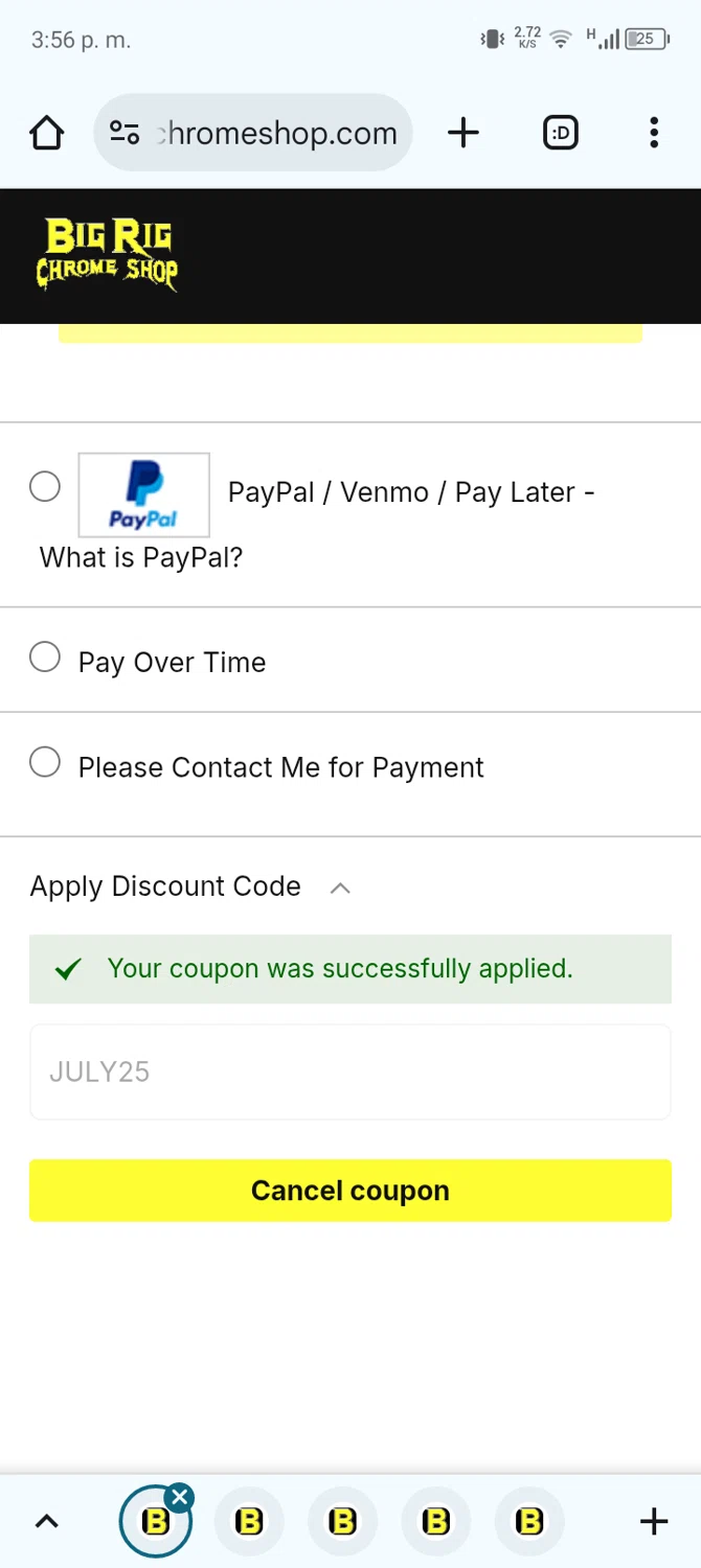 Big Rig Chrome Shop checkout page showing Big Rig Chrome Shop discount code box | Screenshot taken by SimplyCodes community member on Jul 5, 2025