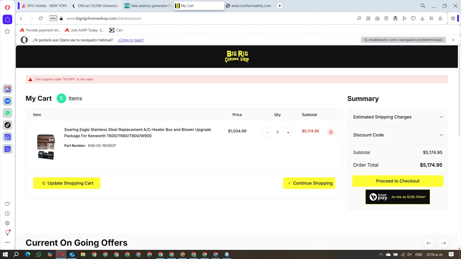 Big Rig Chrome Shop discount code screenshot showing code 5%OFF applied at Big Rig Chrome Shop checkout page. Uploaded by SimplyCodes community member DavGutFig on Aug 26, 2025