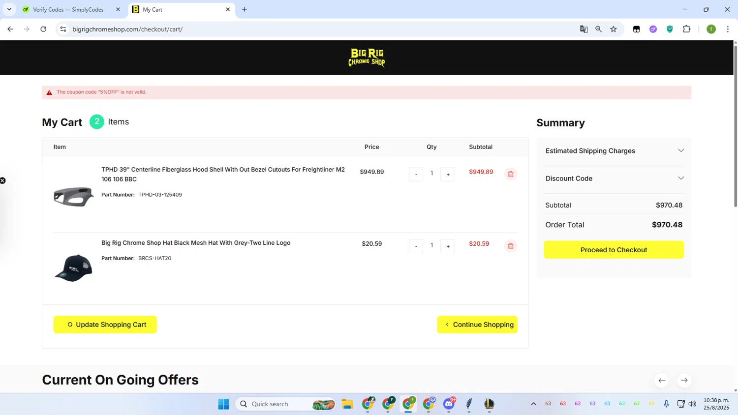 Big Rig Chrome Shop discount code screenshot showing code 5%OFF applied at Big Rig Chrome Shop checkout page. Uploaded by SimplyCodes community member Irelia on Aug 26, 2025
