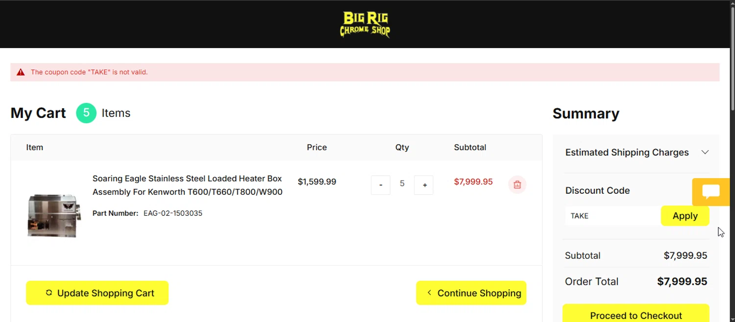 Big Rig Chrome Shop discount code screenshot showing code TAKE applied at Big Rig Chrome Shop checkout page. Uploaded by SimplyCodes community member Enmanuel99 on Oct 28, 2025
