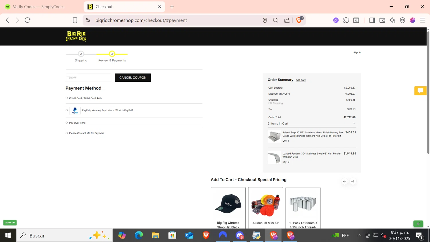 Big Rig Chrome Shop checkout page showing Big Rig Chrome Shop discount code box | Screenshot taken by SimplyCodes community member on Dec 1, 2025