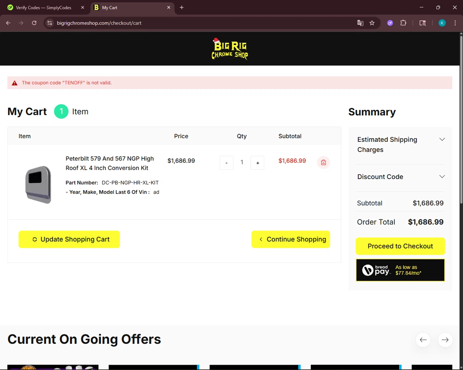 Big Rig Chrome Shop discount code screenshot showing code TENOFF applied at Big Rig Chrome Shop checkout page. Uploaded by SimplyCodes community member VoucherSleuth3236 on Dec 29, 2025