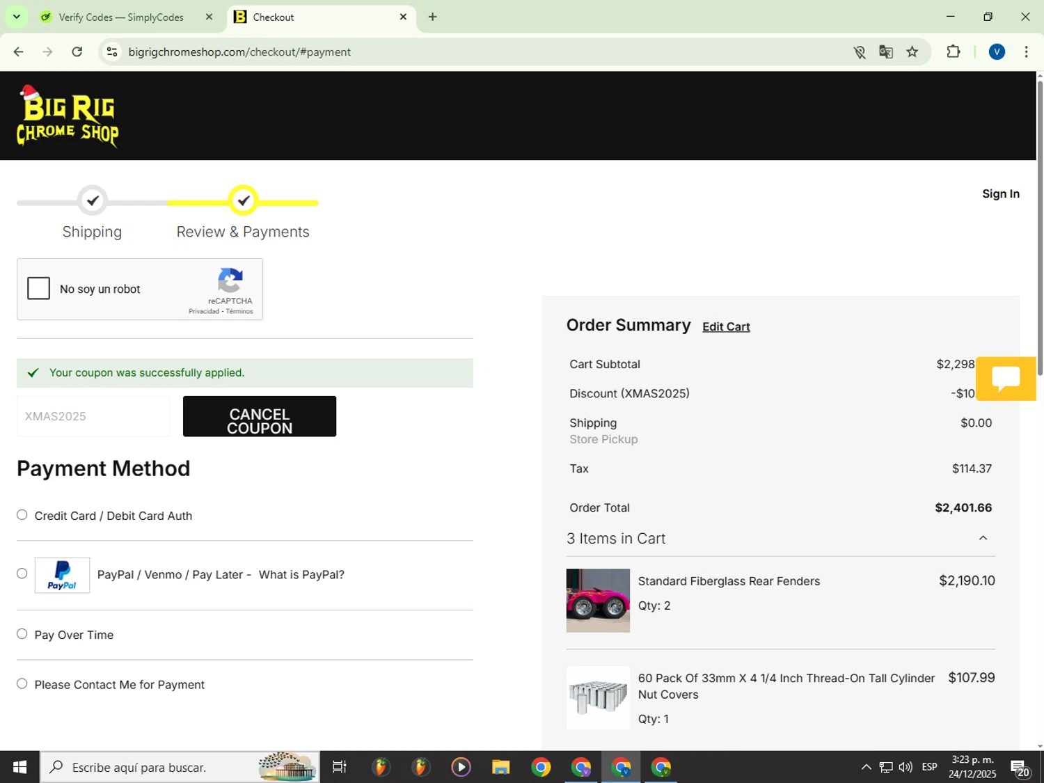 Big Rig Chrome Shop discount code screenshot showing code XMAS2025 applied at Big Rig Chrome Shop checkout page. Uploaded by SimplyCodes community member Garou_Y2K on Dec 24, 2025