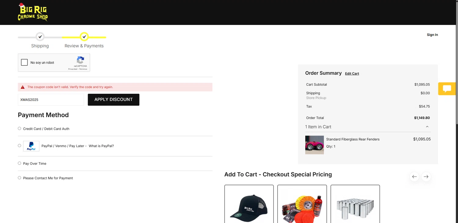 Big Rig Chrome Shop discount code screenshot showing code XMAS2025 applied at Big Rig Chrome Shop checkout page. Uploaded by SimplyCodes community member TreasureChaser3010 on Dec 24, 2025
