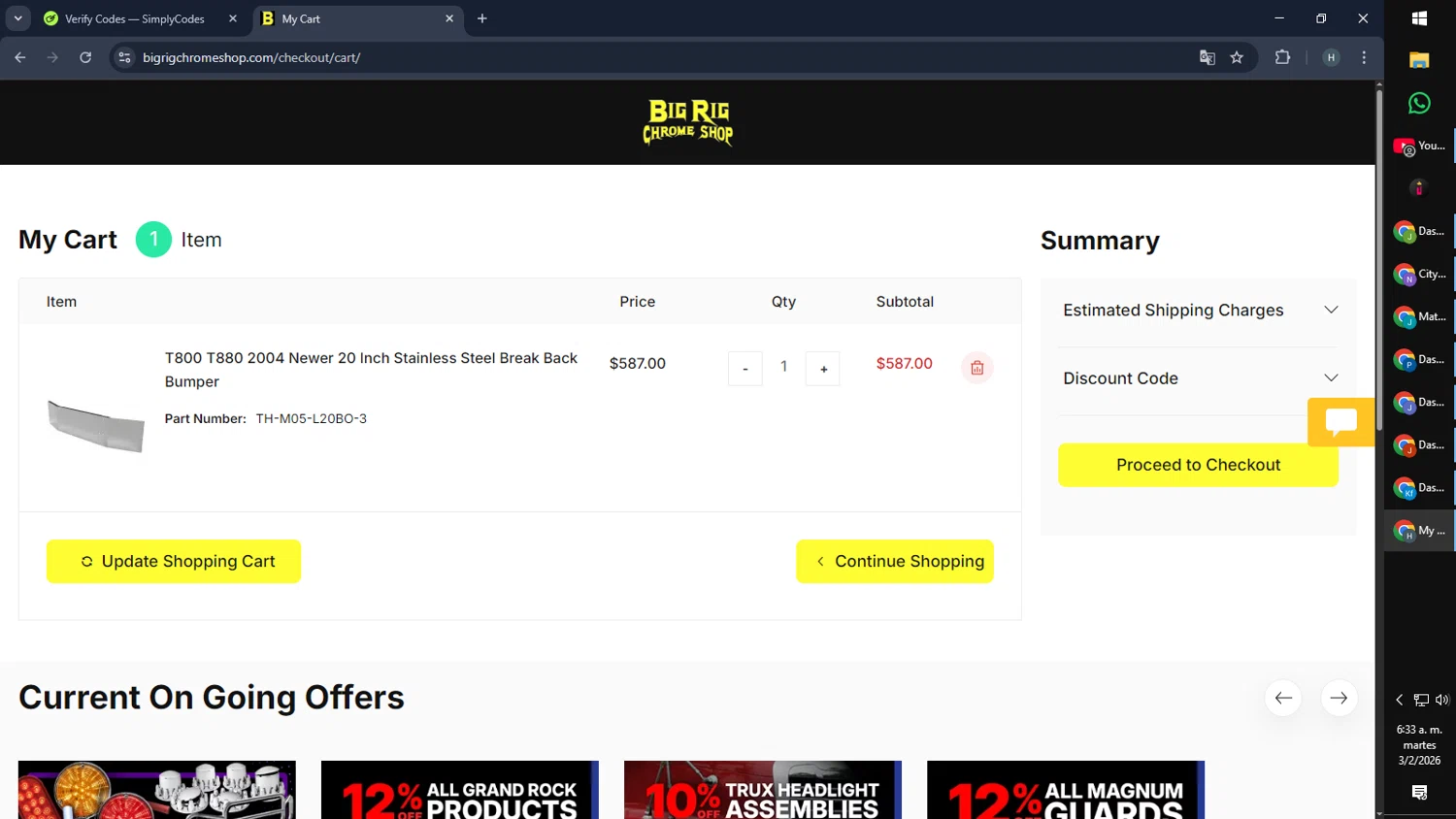 Big Rig Chrome Shop discount code screenshot showing code SALE applied at Big Rig Chrome Shop checkout page. Uploaded by SimplyCodes community member SmartMaverick5327 on Feb 3, 2026