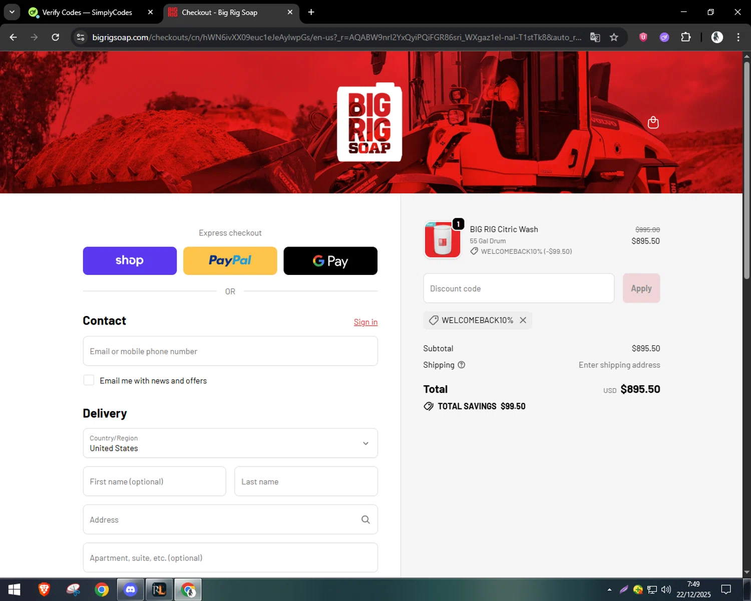 Big Rig Soap promo code screenshot showing code WelcomeBack10% applied at Big Rig Soap checkout page. Uploaded by SimplyCodes community member CleverSentinel9441 on Dec 22, 2025