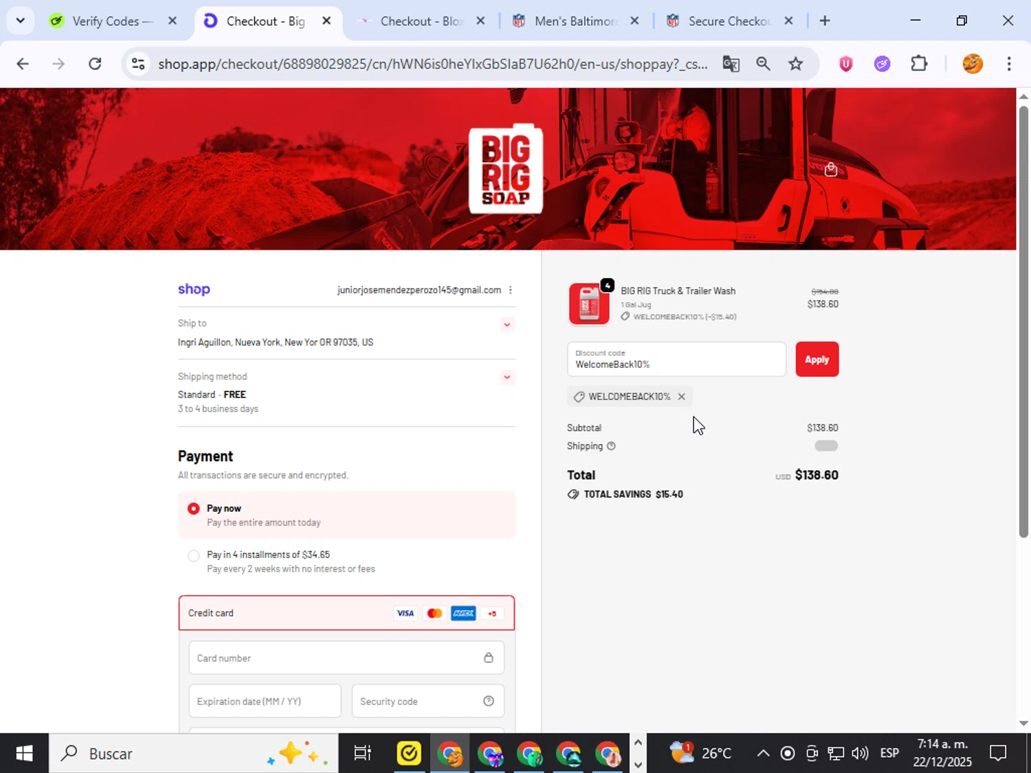 Big Rig Soap promo code screenshot showing code WelcomeBack10% applied at Big Rig Soap checkout page. Uploaded by SimplyCodes community member ingri96 on Dec 22, 2025
