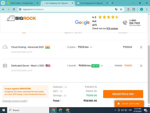 BigRock checkout page showing BigRock promo code box | Screenshot taken by SimplyCodes community member on Jun 19, 2024