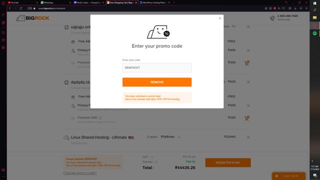 BigRock checkout page showing BigRock promo code box | Screenshot taken by SimplyCodes community member on Jul 15, 2023