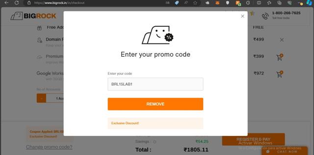 BigRock checkout page showing BigRock promo code box | Screenshot taken by SimplyCodes community member on May 21, 2024