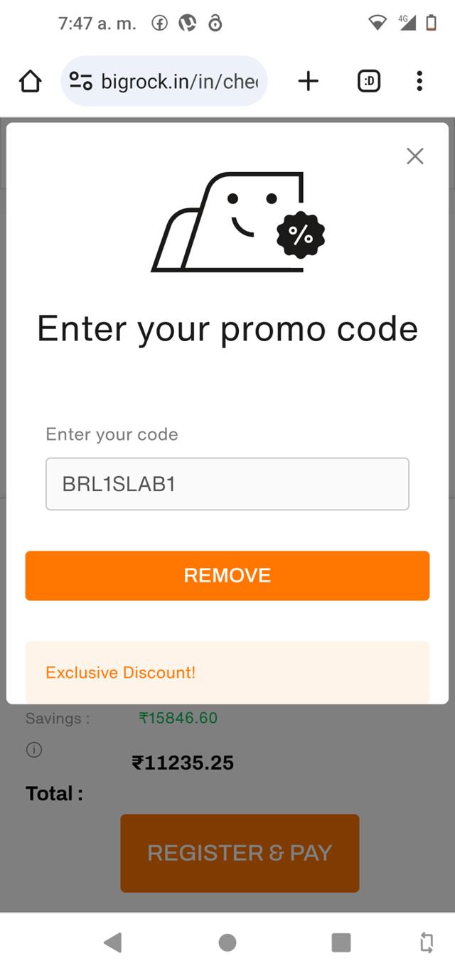 BigRock checkout page showing BigRock promo code box | Screenshot taken by SimplyCodes community member on Oct 5, 2023
