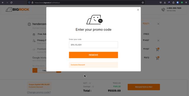 BigRock checkout page showing BigRock promo code box | Screenshot taken by SimplyCodes community member on Dec 31, 2023
