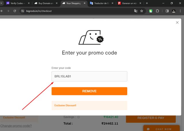 BigRock checkout page showing BigRock promo code box | Screenshot taken by SimplyCodes community member on Feb 27, 2024