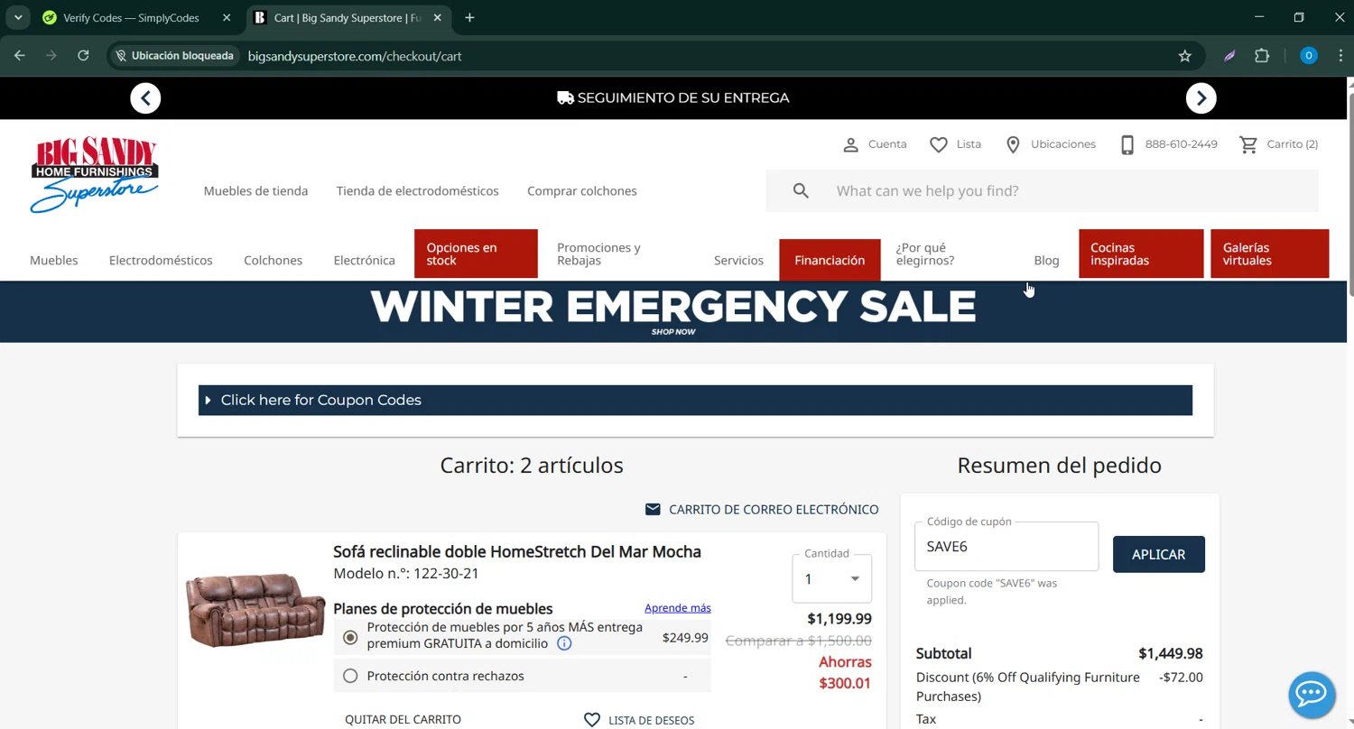 Big Sandy Superstore checkout page showing Big Sandy Superstore promo code box | Screenshot taken by SimplyCodes community member on Mar 7, 2025