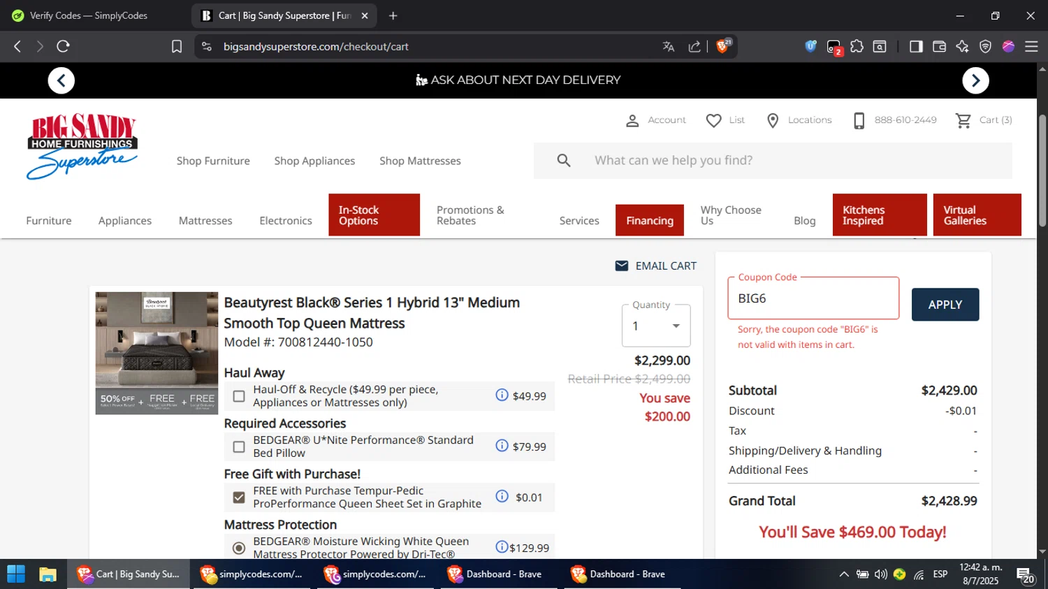 Big Sandy Superstore promo code screenshot showing code big6 applied at Big Sandy Superstore checkout page. Uploaded by SimplyCodes community member Cynoxx on Jul 8, 2025