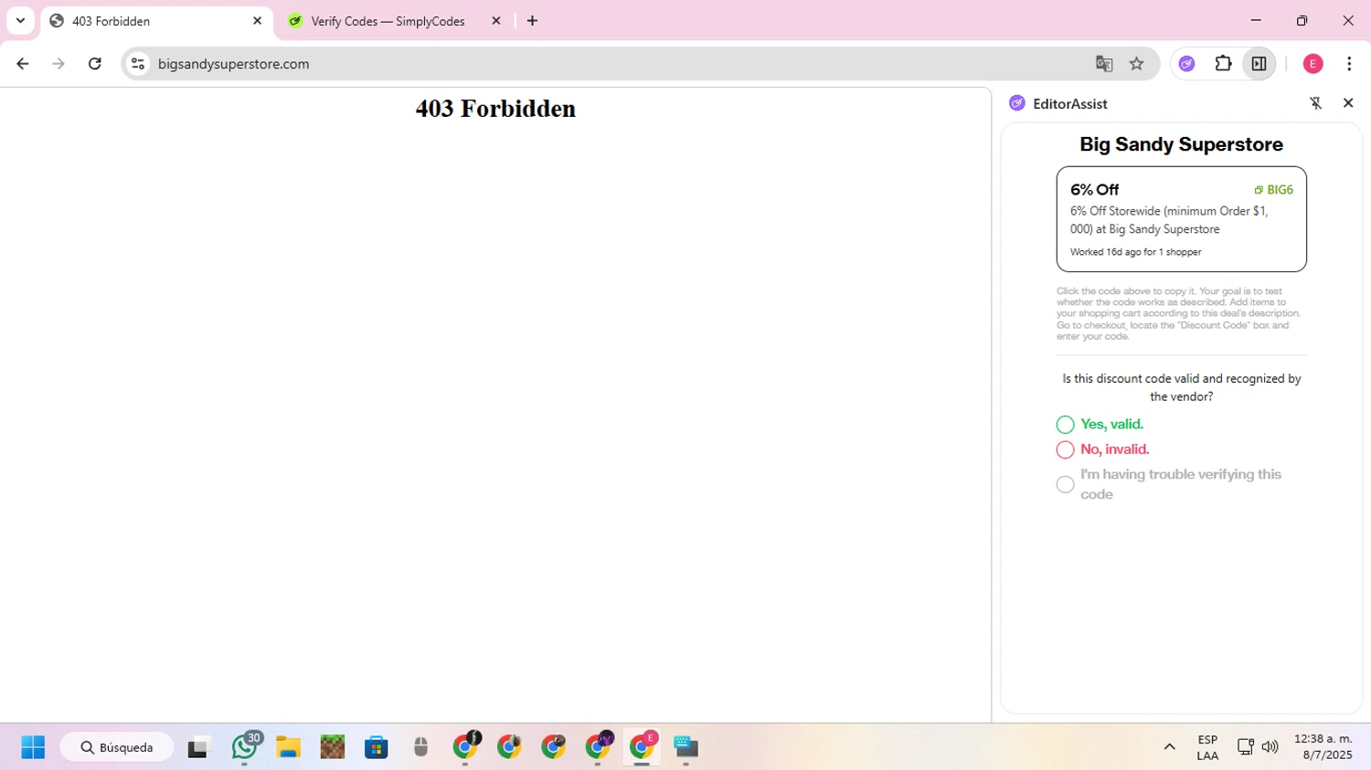 Big Sandy Superstore promo code screenshot showing code big6 applied at Big Sandy Superstore checkout page. Uploaded by SimplyCodes community member VoucherExpert2930 on Jul 8, 2025