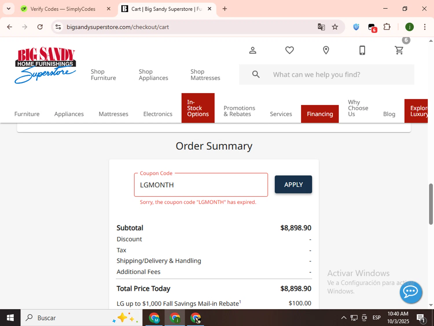 Big Sandy Superstore promo code screenshot showing code LGMONTH applied at Big Sandy Superstore checkout page. Uploaded by SimplyCodes community member SavingsCollector2592 on Oct 3, 2025