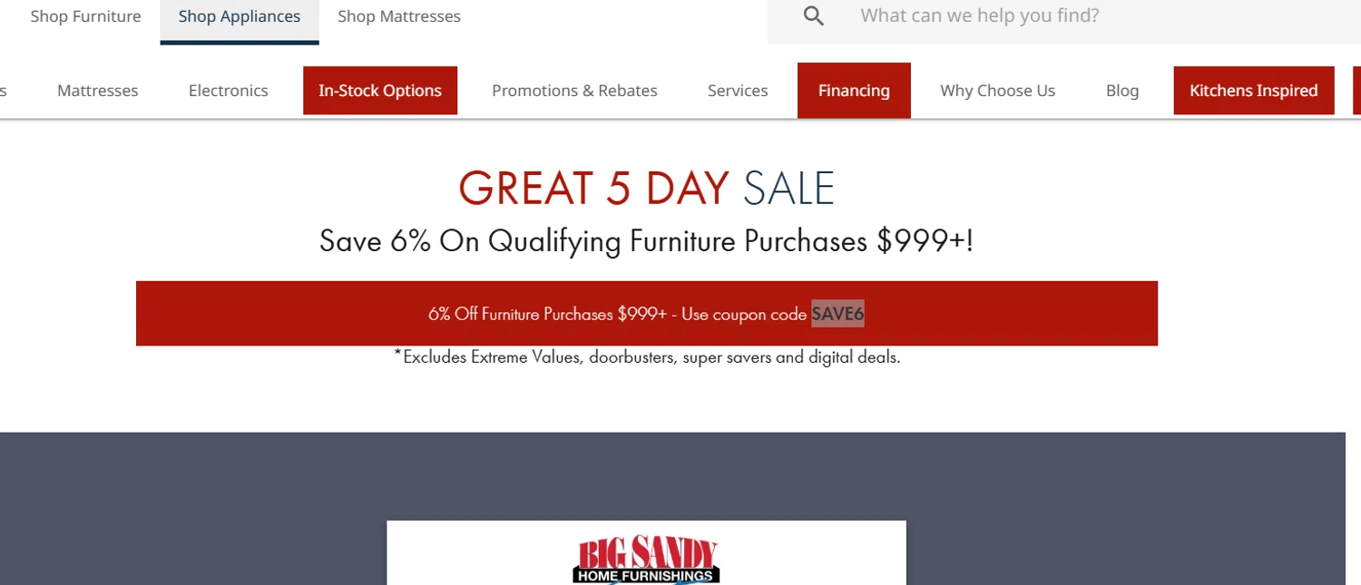 Big Sandy Superstore promo code screenshot showing code SAVE6 applied at Big Sandy Superstore checkout page. Uploaded by SimplyCodes community member prathambora12 on Jun 7, 2025