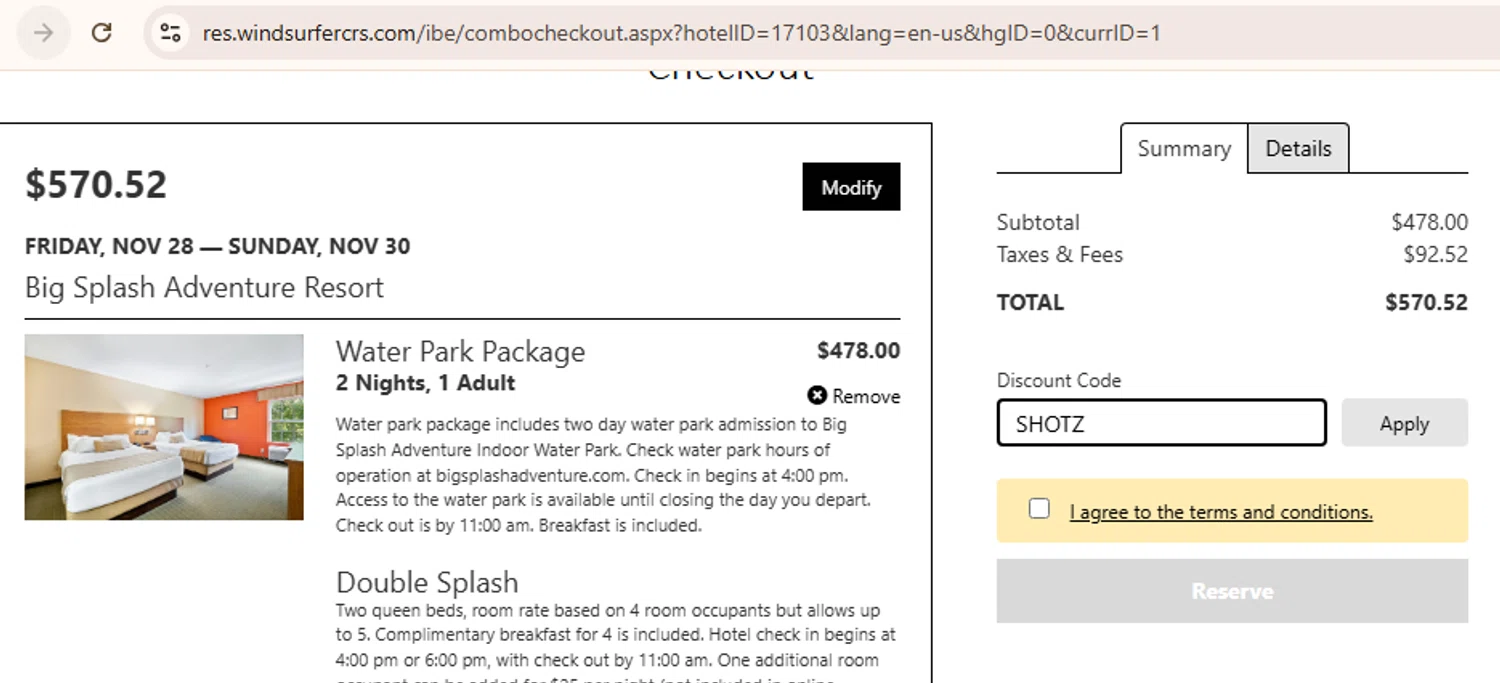 Big Splash discount code screenshot showing code SHOTZ applied at Big Splash checkout page. Uploaded by SimplyCodes community member CouponSage9293 on Nov 3, 2025