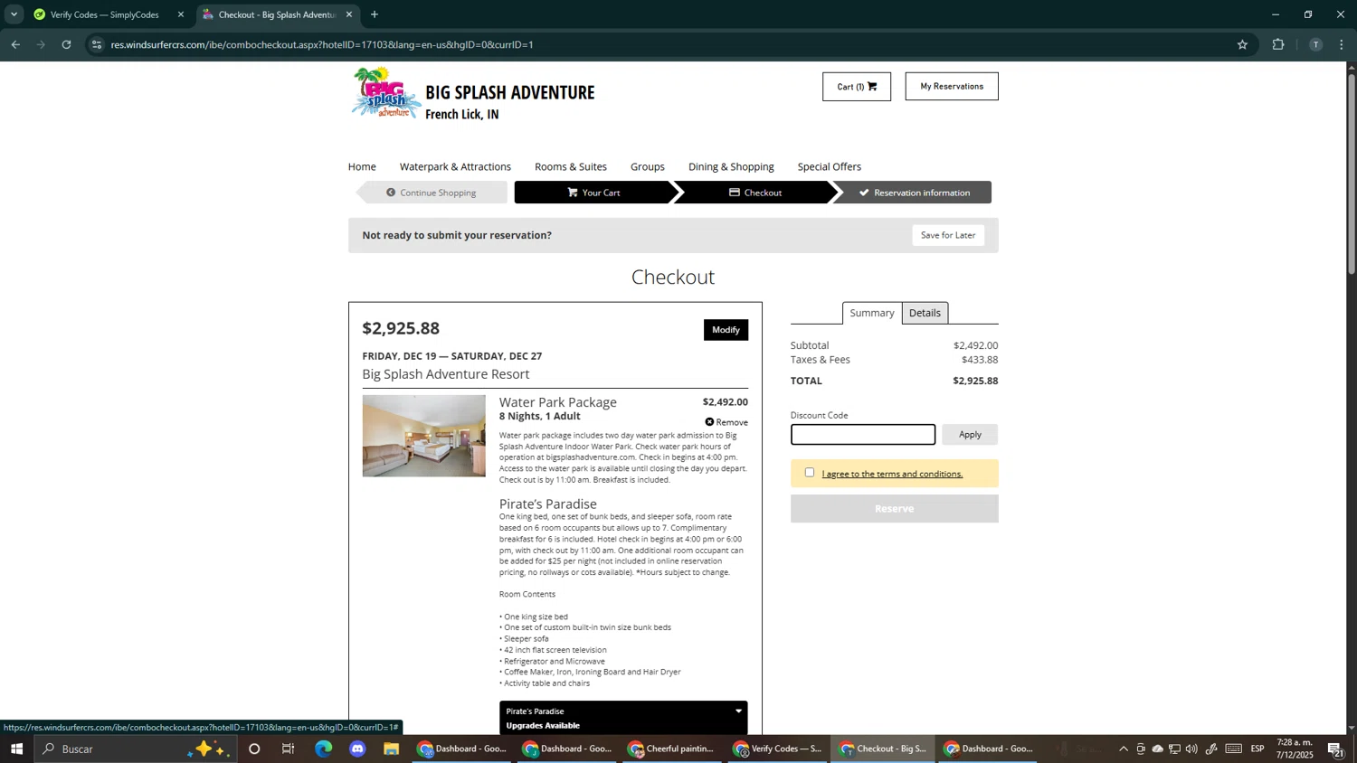 Big Splash discount code screenshot showing code LIGHTS applied at Big Splash checkout page. Uploaded by SimplyCodes community member Makemusic on Dec 7, 2025