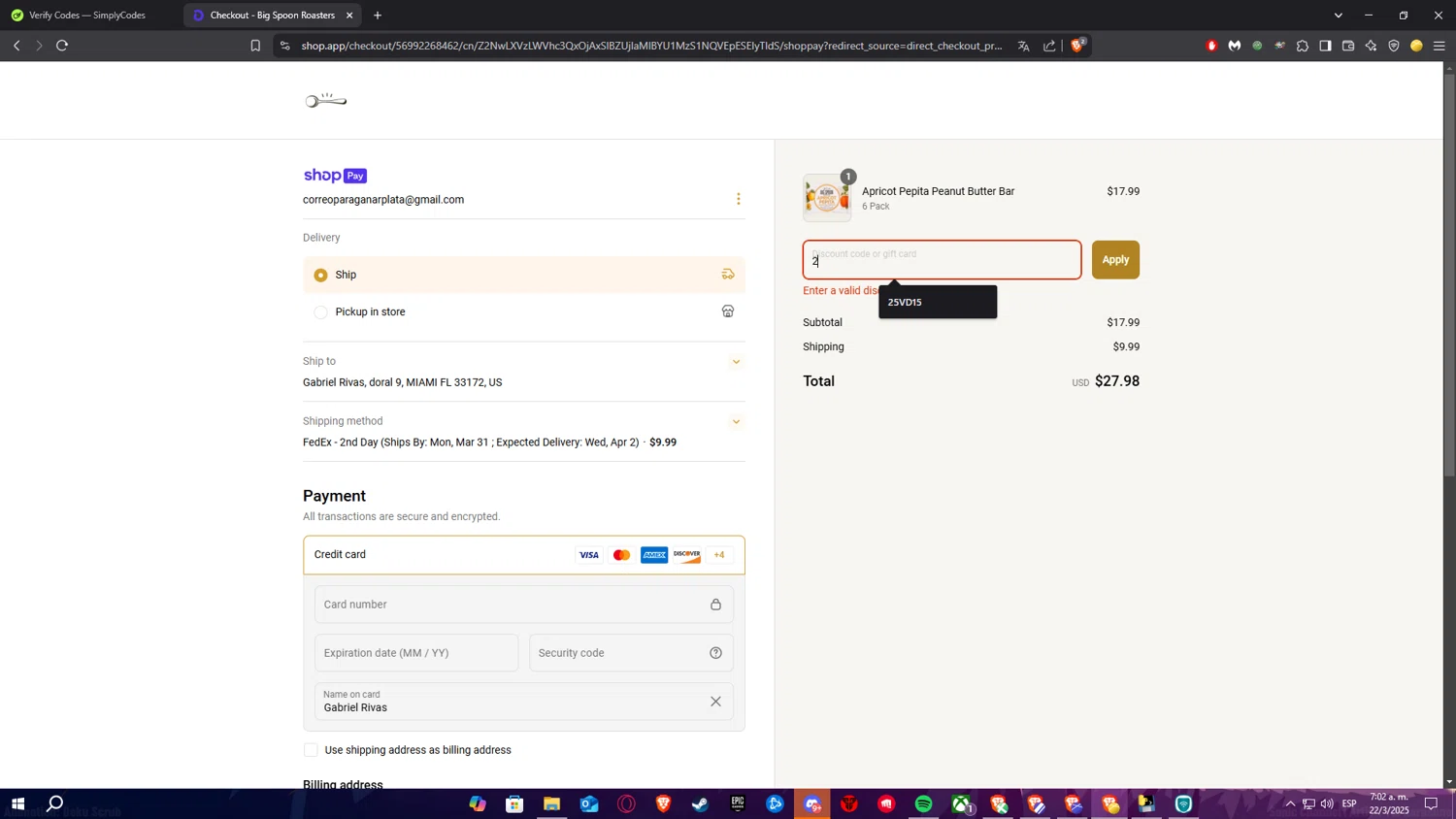 Big Spoon Roasters discount code screenshot showing code ambassador-jesse10 applied at Big Spoon Roasters checkout page. Uploaded by SimplyCodes community member RickelHumilde on Mar 22, 2025
