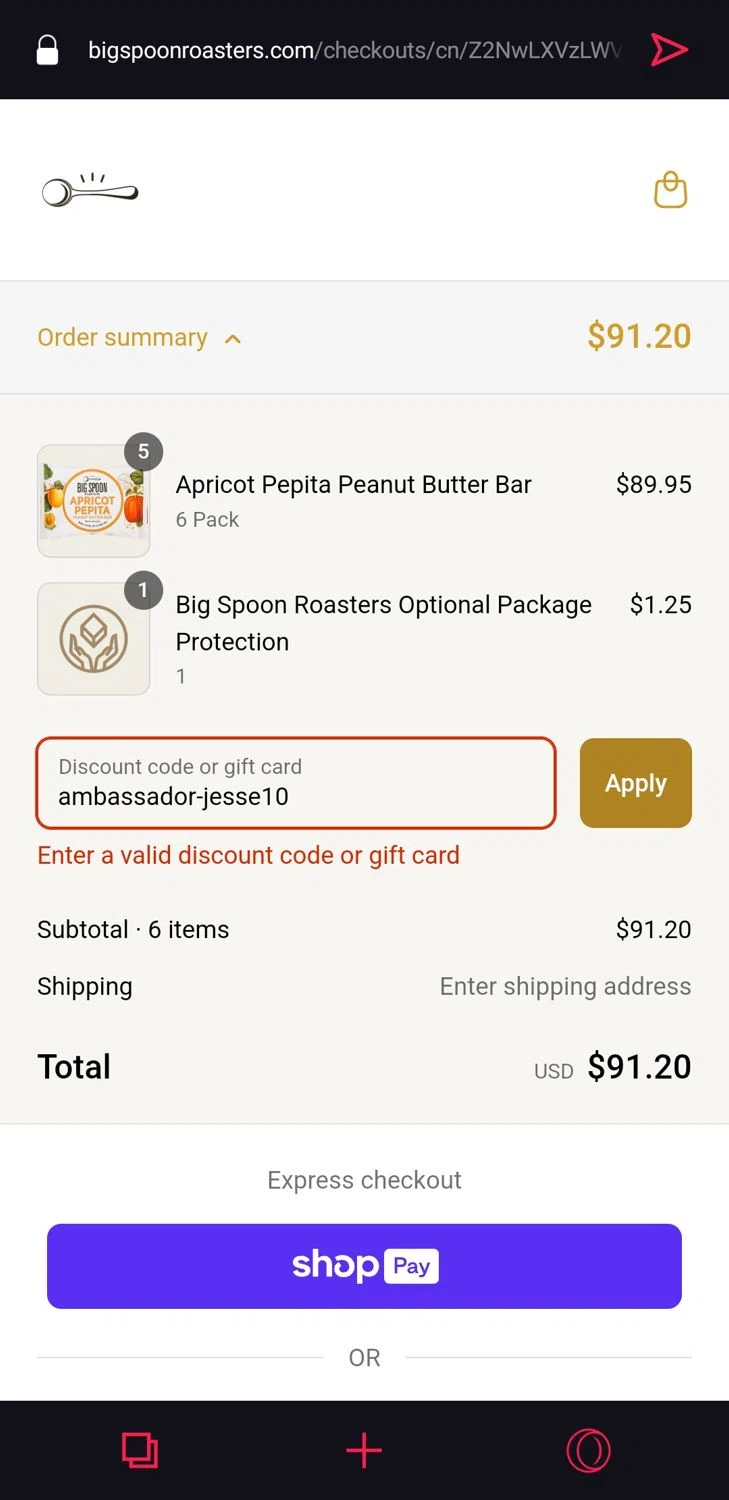 Big Spoon Roasters discount code screenshot showing code ambassador-jesse10 applied at Big Spoon Roasters checkout page. Uploaded by SimplyCodes community member FrugalCaptain6906 on Mar 22, 2025