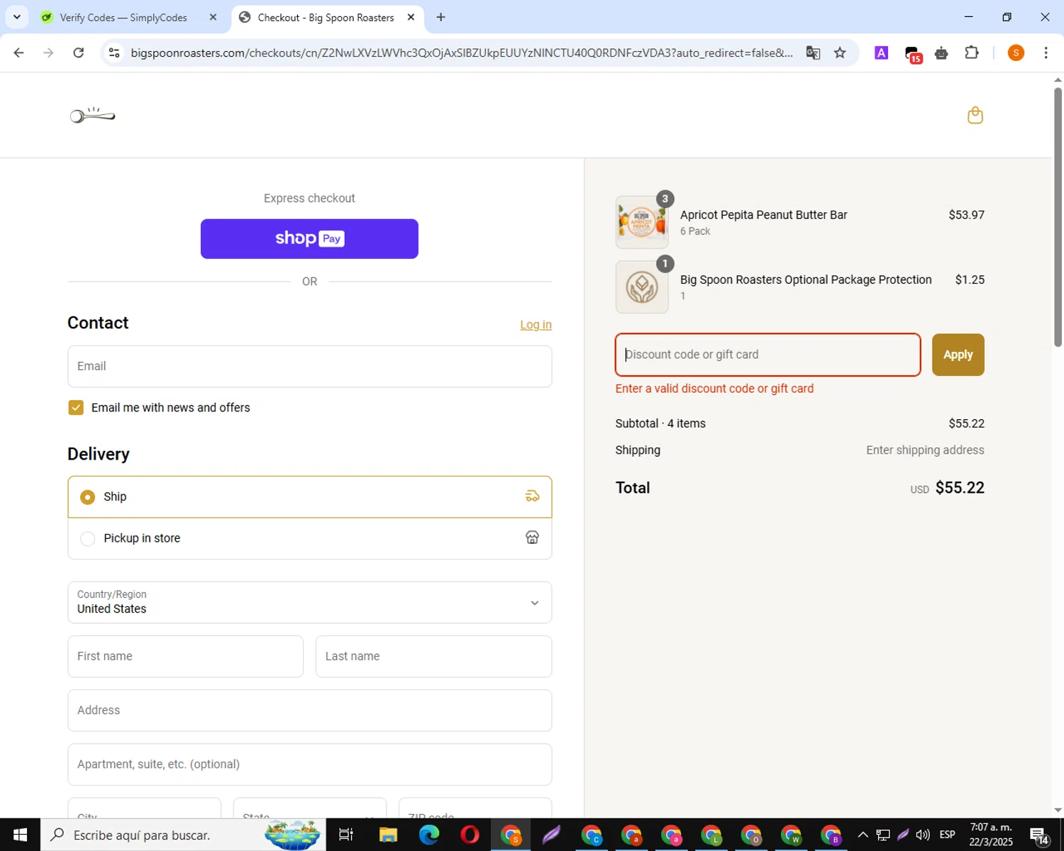 Big Spoon Roasters discount code screenshot showing code ambassador-jesse10 applied at Big Spoon Roasters checkout page. Uploaded by SimplyCodes community member TokenSpotter210 on Mar 22, 2025