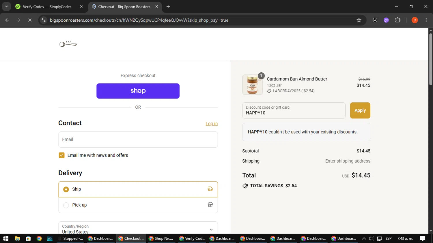 Big Spoon Roasters discount code screenshot showing code HAPPY10 applied at Big Spoon Roasters checkout page. Uploaded by SimplyCodes community member NatanaelCano on Aug 31, 2025