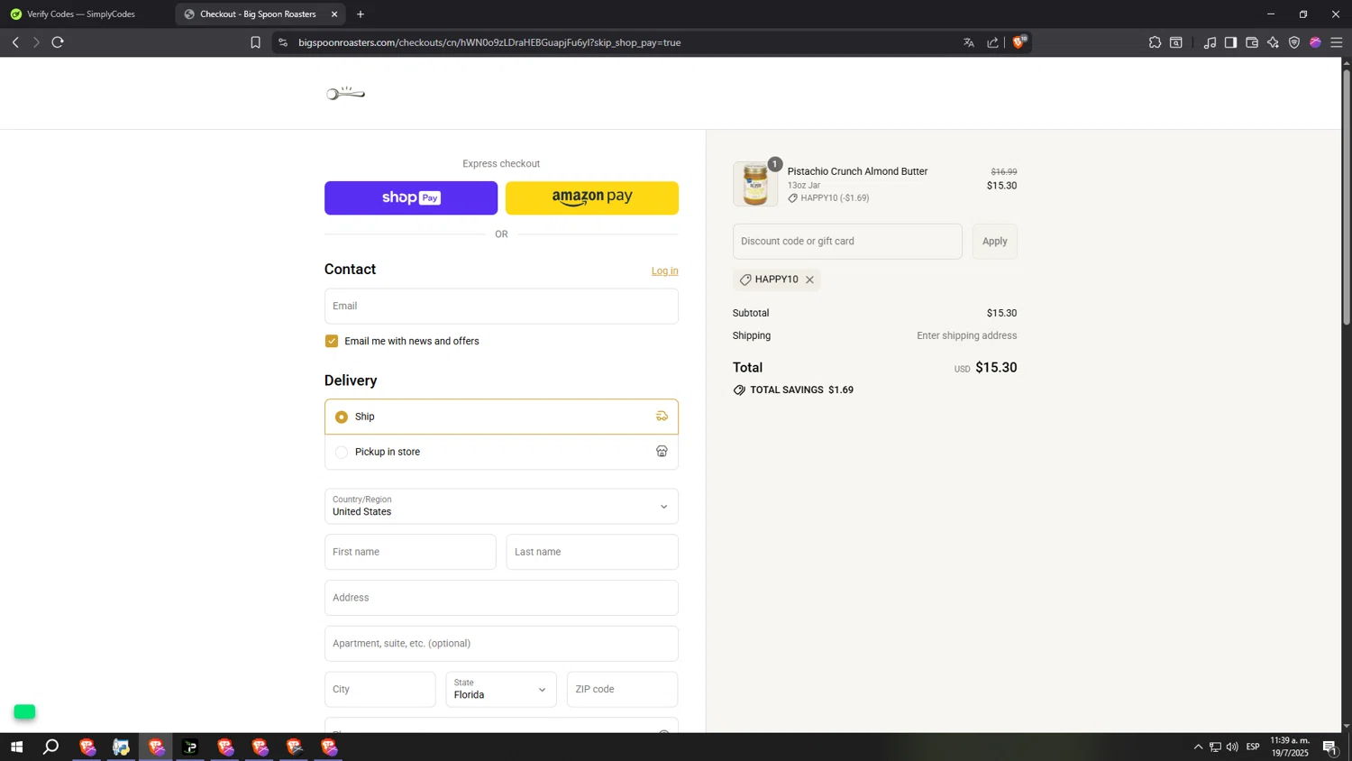 Big Spoon Roasters discount code screenshot showing code HAPPY10 applied at Big Spoon Roasters checkout page. Uploaded by SimplyCodes community member aaaaaaaaaaaaaaaa on Jul 19, 2025