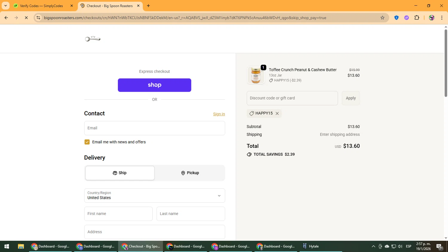 Big Spoon Roasters checkout page showing Big Spoon Roasters discount code box | Screenshot taken by SimplyCodes community member on Jan 19, 2026