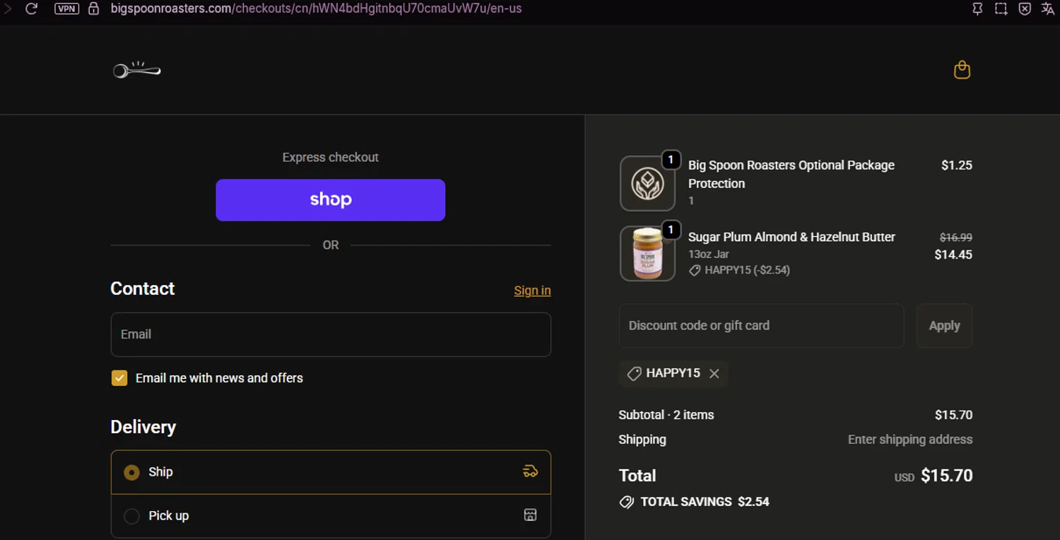 Big Spoon Roasters discount code screenshot showing code HAPPY15 applied at Big Spoon Roasters checkout page. Uploaded by SimplyCodes community member chepipi on Oct 27, 2025