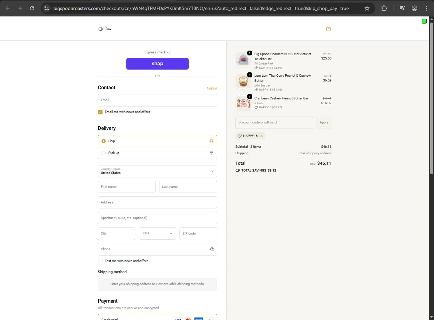Big Spoon Roasters discount code screenshot showing code HAPPY15 applied at Big Spoon Roasters checkout page. Uploaded by SimplyCodes community member kaiser2 on Nov 3, 2025