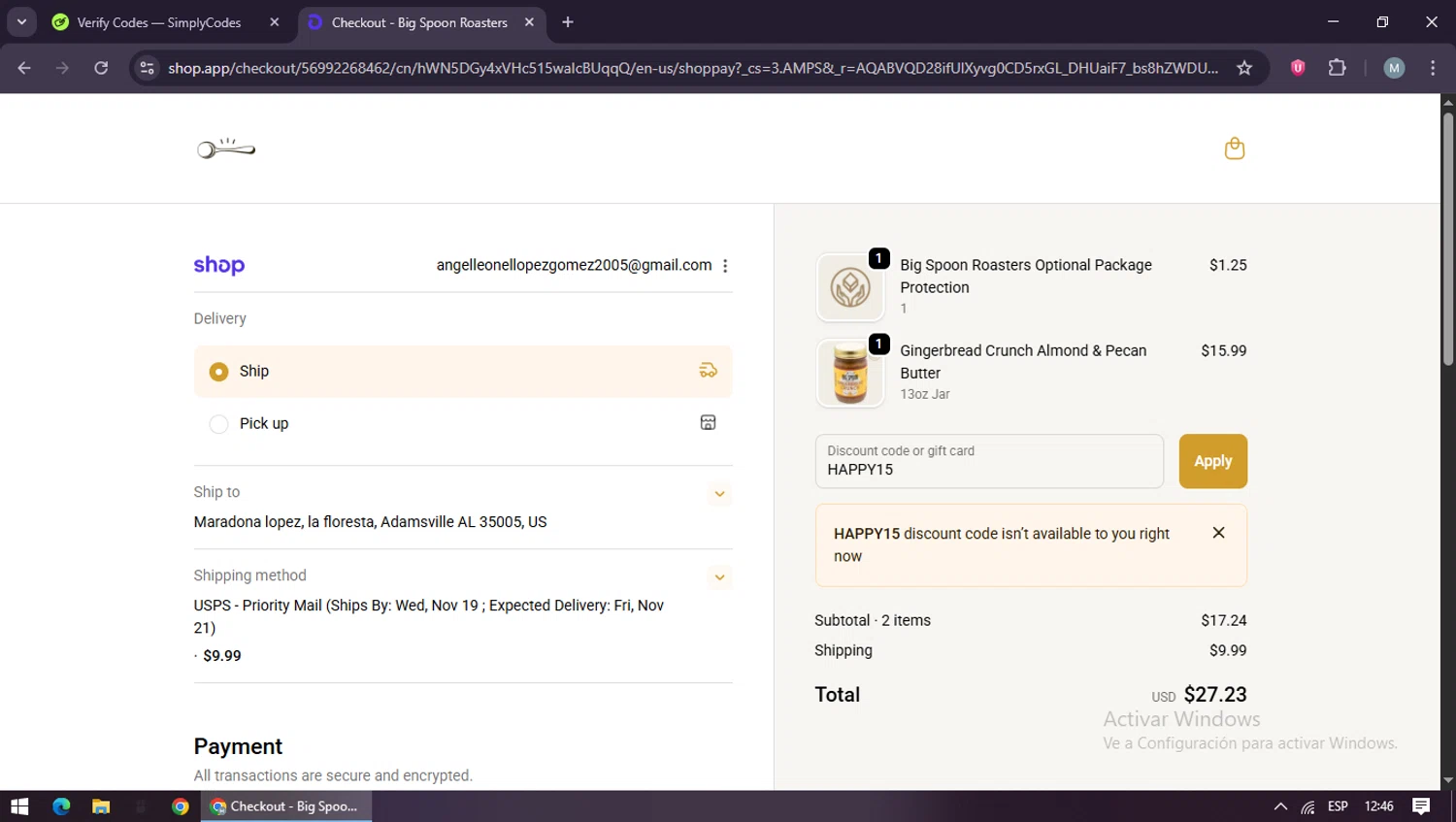 Big Spoon Roasters discount code screenshot showing code HAPPY15 applied at Big Spoon Roasters checkout page. Uploaded by SimplyCodes community member maraxo on Nov 12, 2025