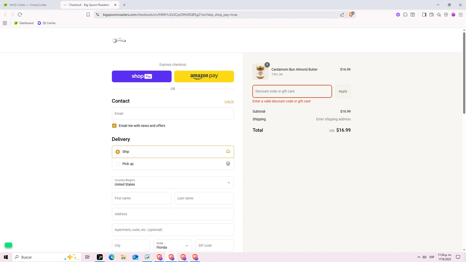Big Spoon Roasters discount code screenshot showing code FIKA10 applied at Big Spoon Roasters checkout page. Uploaded by SimplyCodes community member Nezukooo on Aug 18, 2025