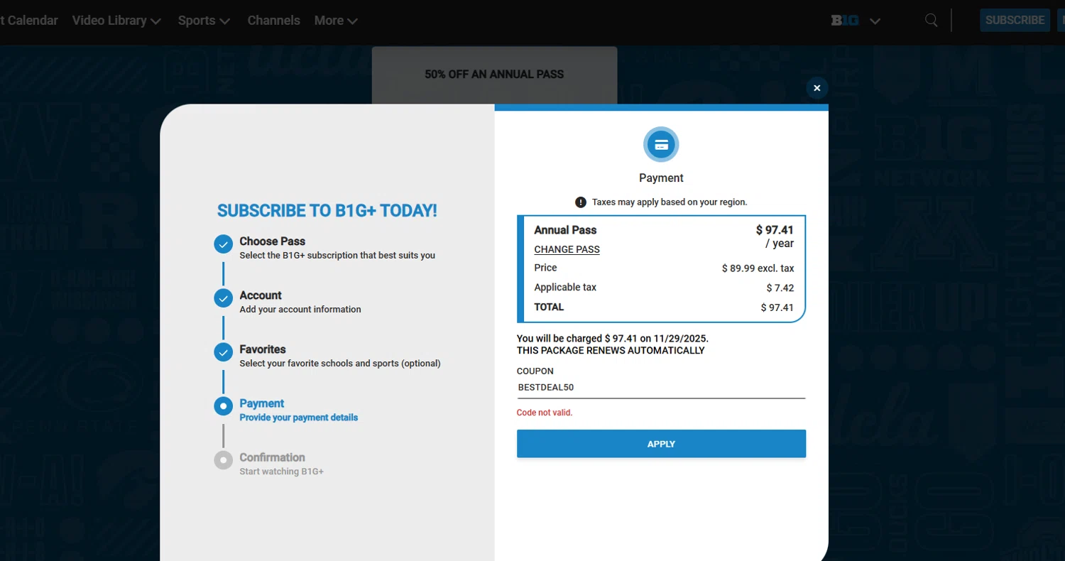 Big Ten Plus coupon code screenshot showing code BESTDEAL50 applied at Big Ten Plus checkout page. Uploaded by SimplyCodes community member LaCebolla on Nov 29, 2025
