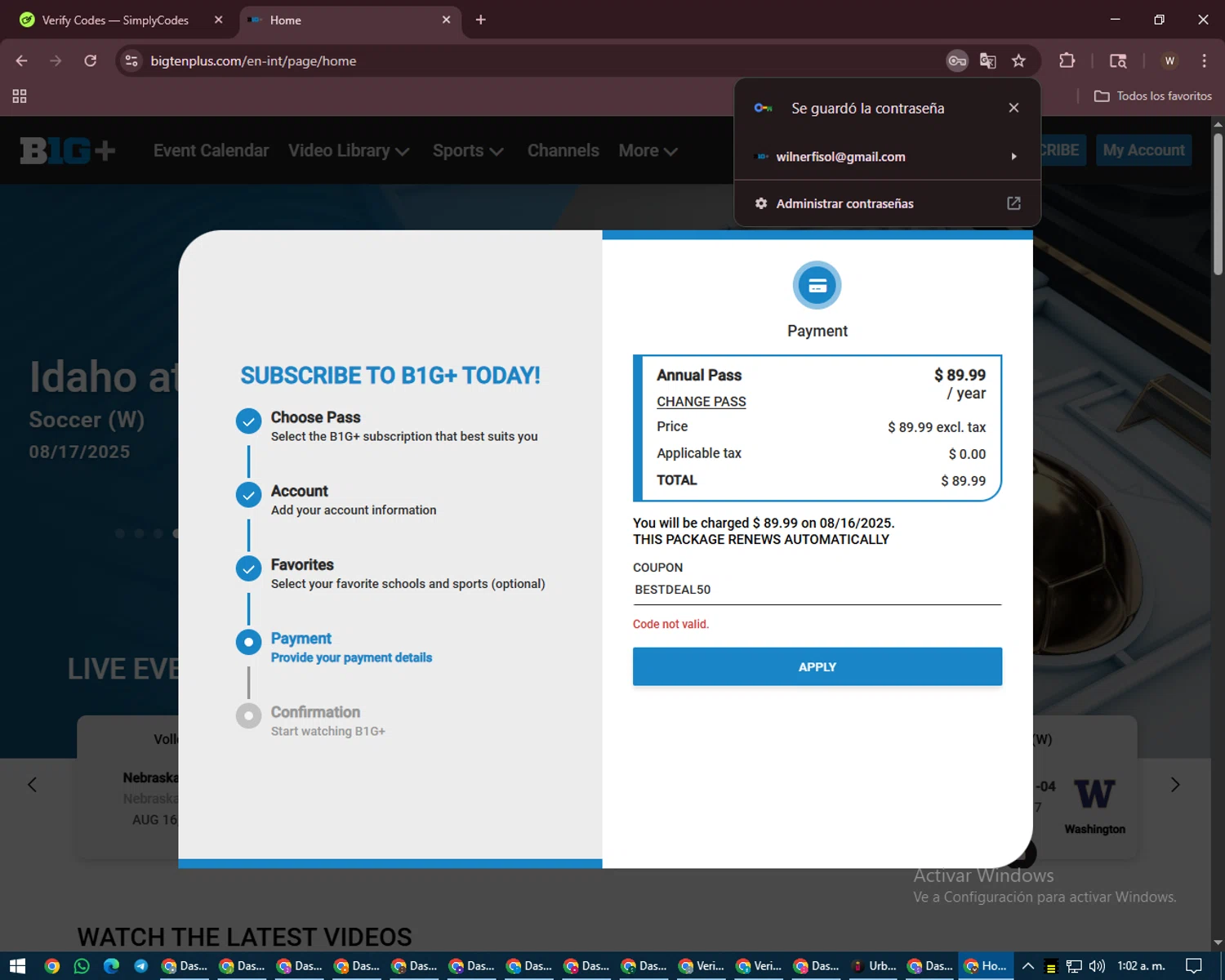Big Ten Plus coupon code screenshot showing code BESTDEAL50 applied at Big Ten Plus checkout page. Uploaded by SimplyCodes community member DealMaestro2101 on Aug 16, 2025