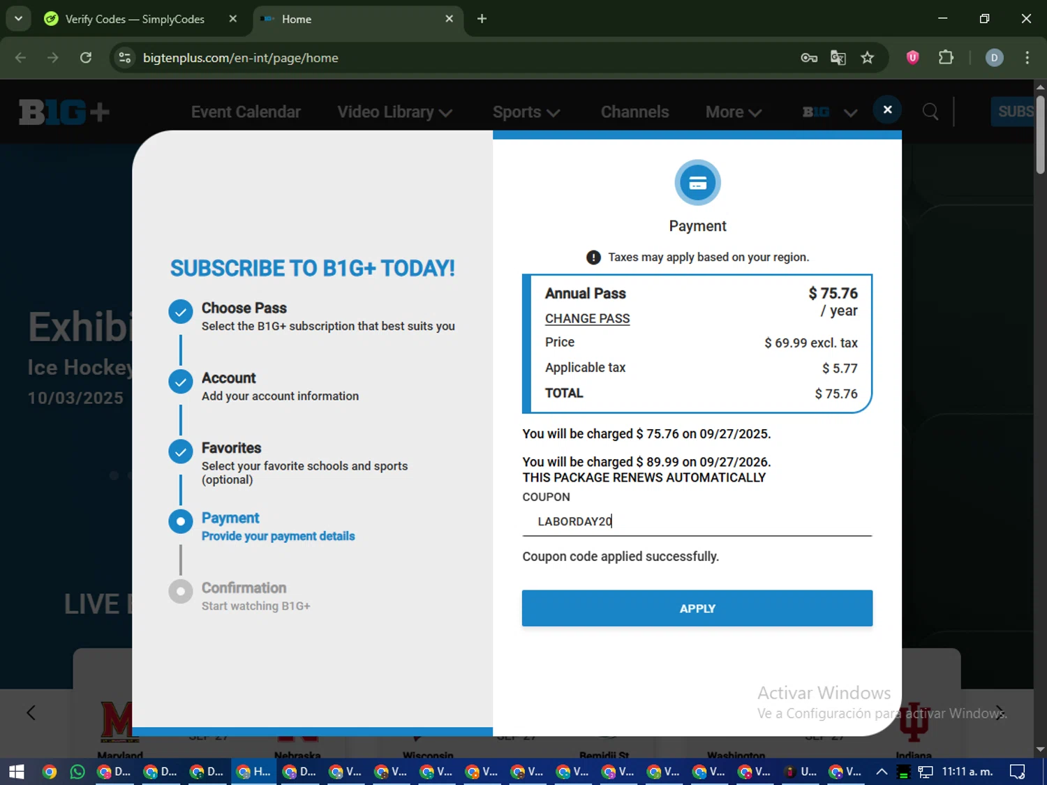 Big Ten Plus checkout page showing Big Ten Plus coupon code box | Screenshot taken by SimplyCodes community member on Sep 27, 2025