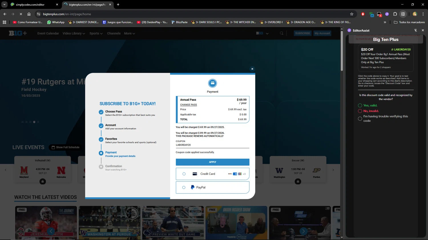 Big Ten Plus checkout page showing Big Ten Plus coupon code box | Screenshot taken by SimplyCodes community member on Sep 27, 2025