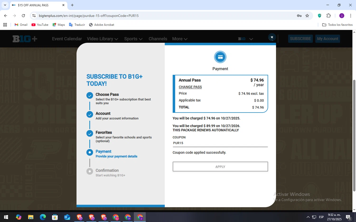 Big Ten Plus checkout page showing Big Ten Plus coupon code box | Screenshot taken by SimplyCodes community member on Oct 27, 2025