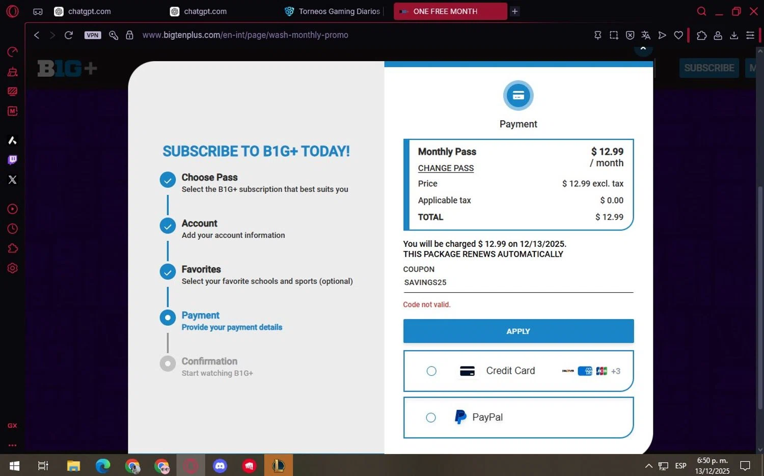 Big Ten Plus coupon code screenshot showing code SAVINGS25 applied at Big Ten Plus checkout page. Uploaded by SimplyCodes community member Locura on Dec 13, 2025