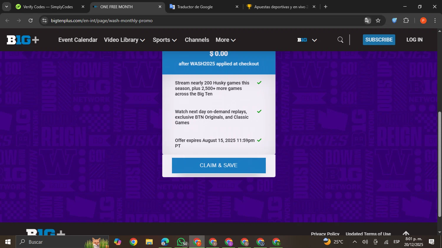 Big Ten Plus coupon code screenshot showing code WASH2025 applied at Big Ten Plus checkout page. Uploaded by SimplyCodes community member VictoriousCaptain2658 on Dec 21, 2025