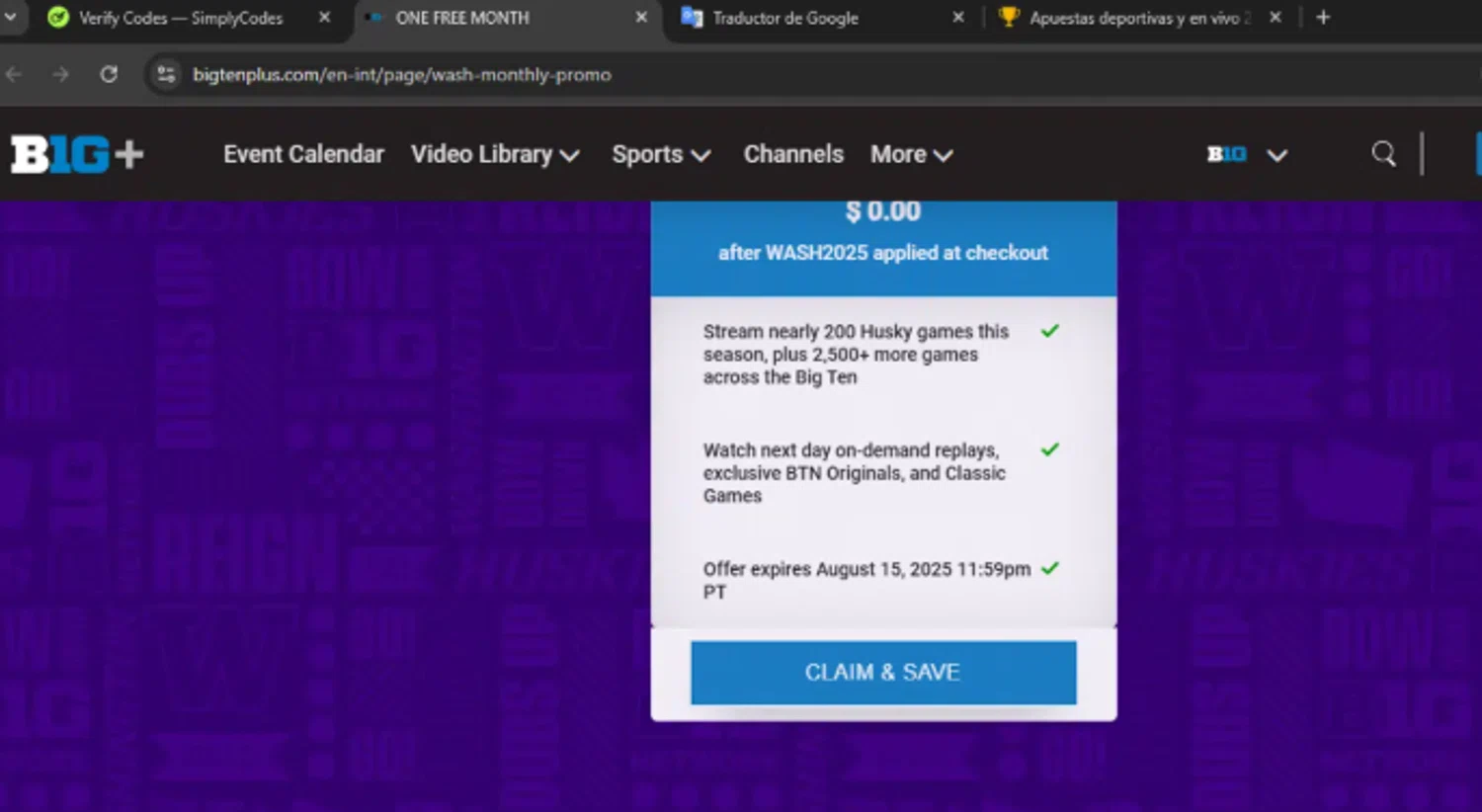 Big Ten Plus coupon code screenshot showing code WASH2025 applied at Big Ten Plus checkout page. Uploaded by SimplyCodes community member cod_gakpo on Dec 28, 2025
