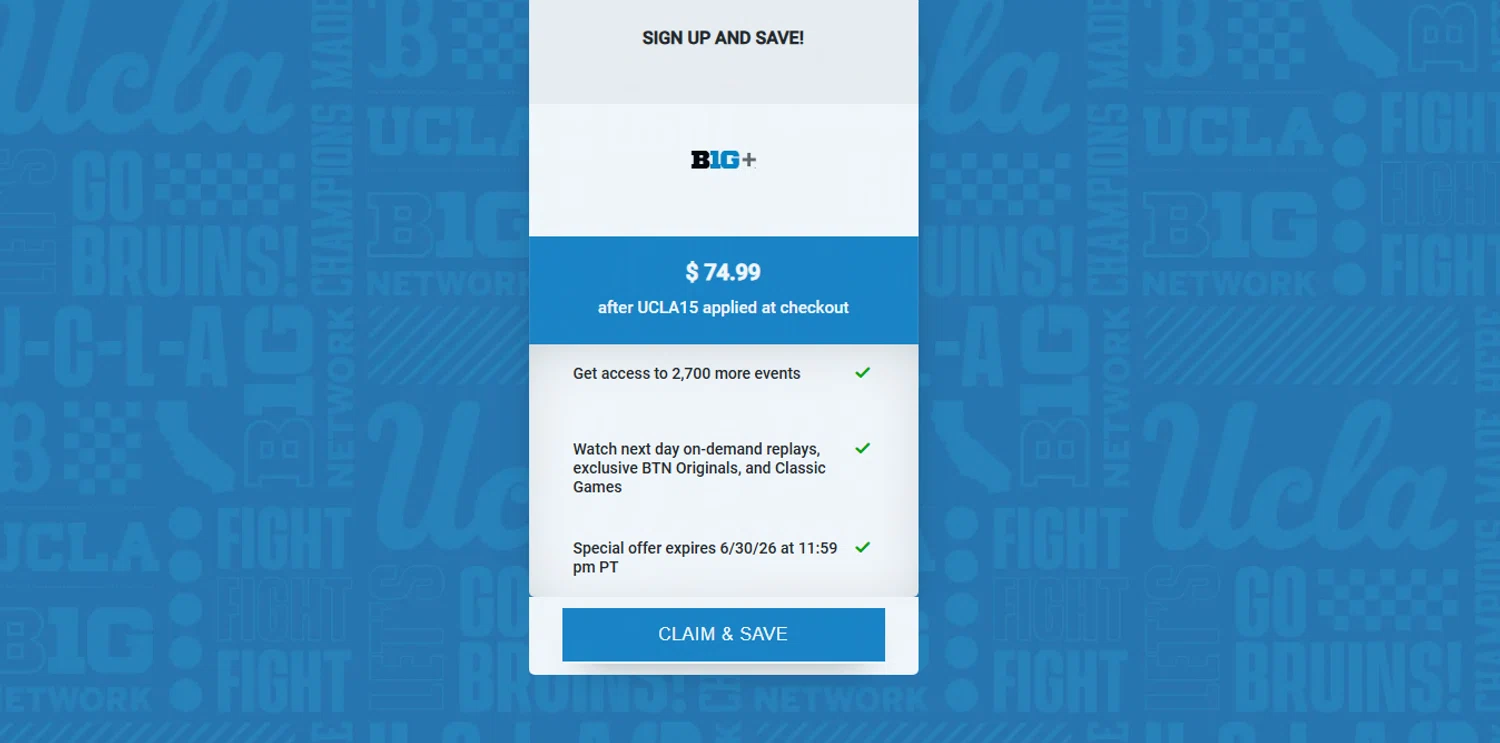 Big Ten Plus checkout page showing Big Ten Plus coupon code box | Screenshot taken by SimplyCodes community member on Jan 9, 2026