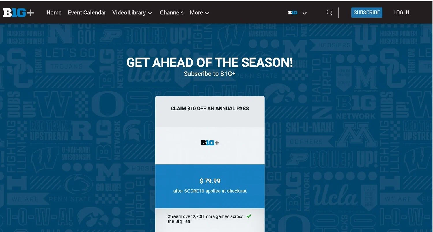 Big Ten Plus coupon code screenshot showing code SCORE10 applied at Big Ten Plus checkout page. Uploaded by SimplyCodes community member LAMINEJAMAL on Jul 24, 2025