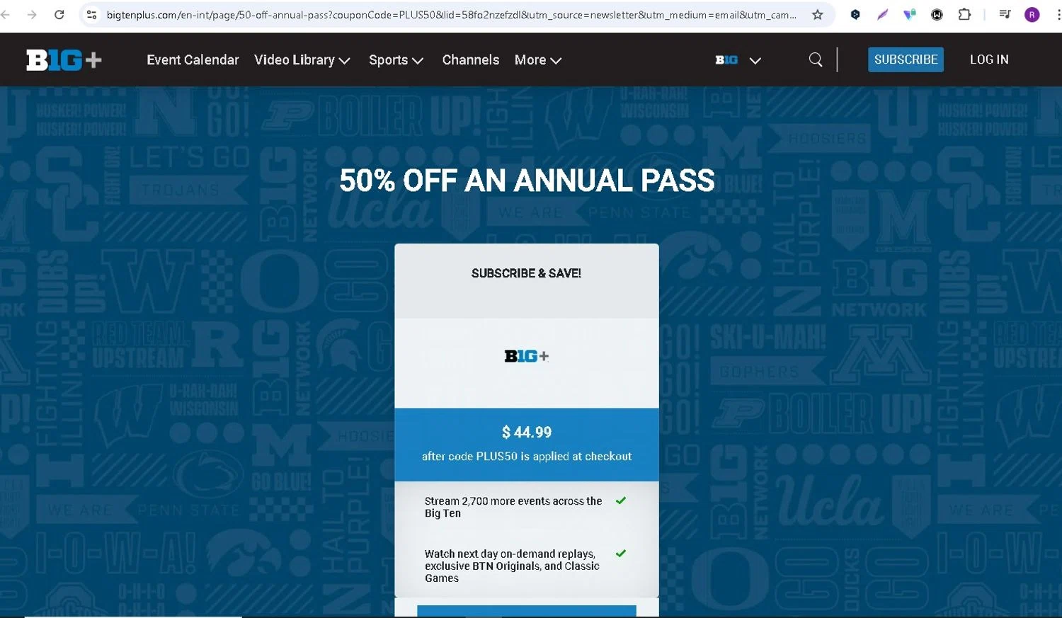Big Ten Plus coupon code screenshot showing code plus50 applied at Big Ten Plus checkout page. Uploaded by SimplyCodes community member LAMINEJAMAL on Feb 5, 2026