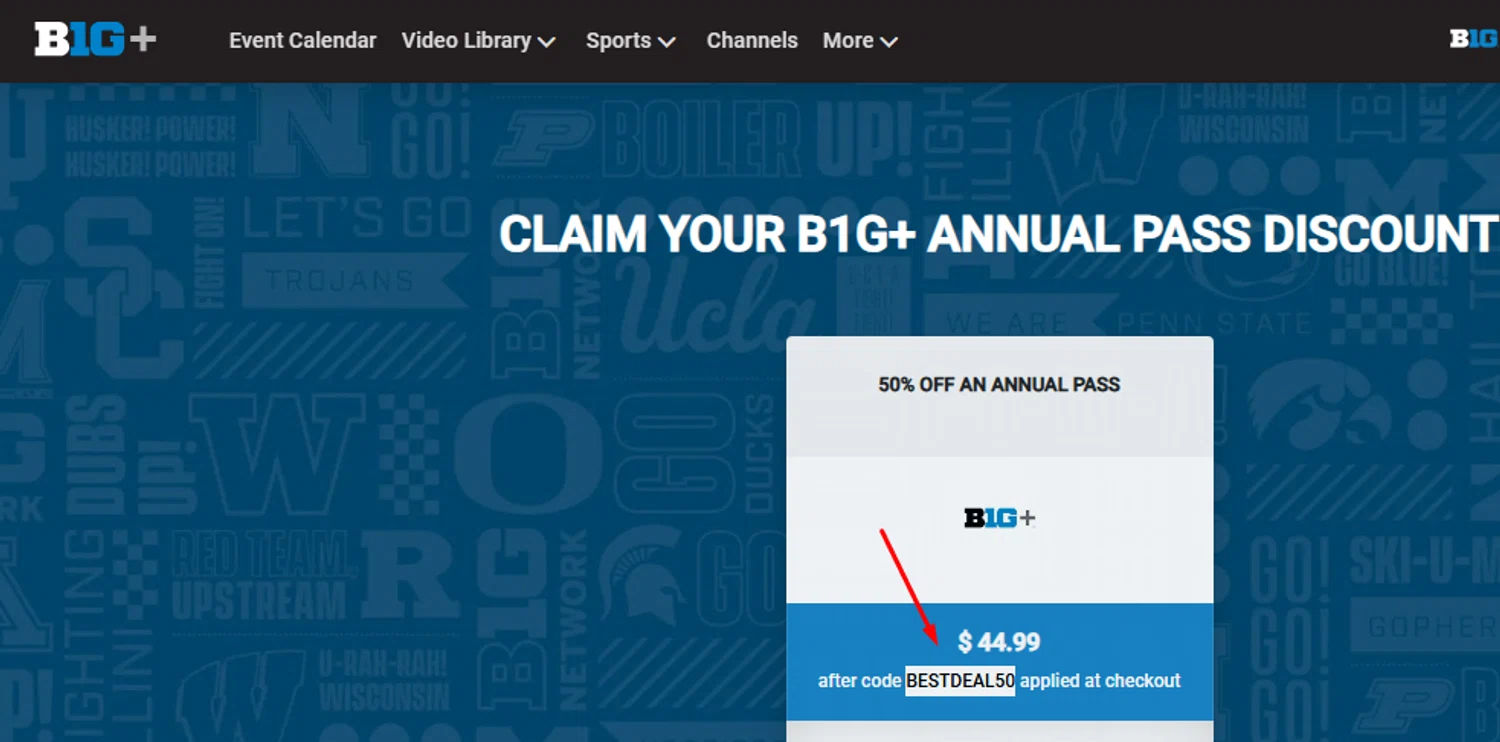 Big Ten Plus coupon code screenshot showing code BESTDEAL50 applied at Big Ten Plus checkout page. Uploaded by SimplyCodes community member carlosrivero on Nov 22, 2025