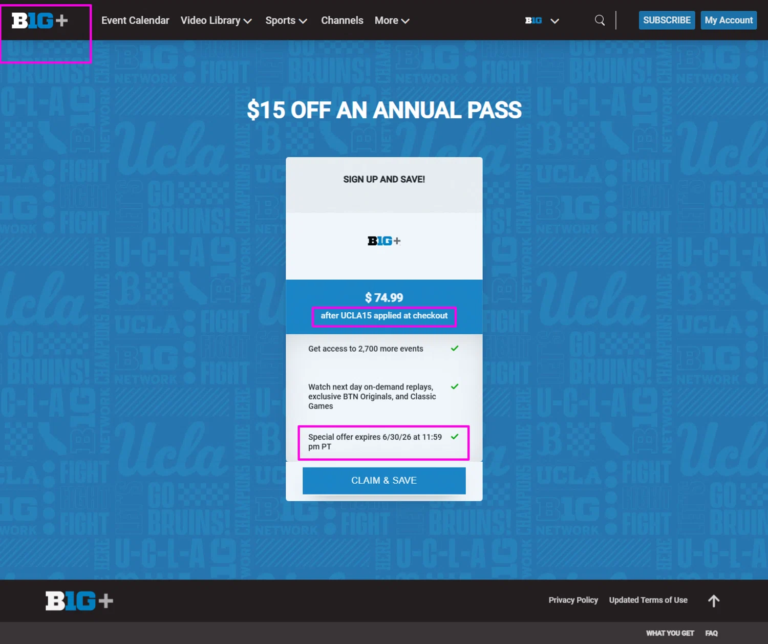 Big Ten Plus coupon code screenshot showing code UCLA15 applied at Big Ten Plus checkout page. Uploaded by SimplyCodes community member mrdarcy on Dec 15, 2025