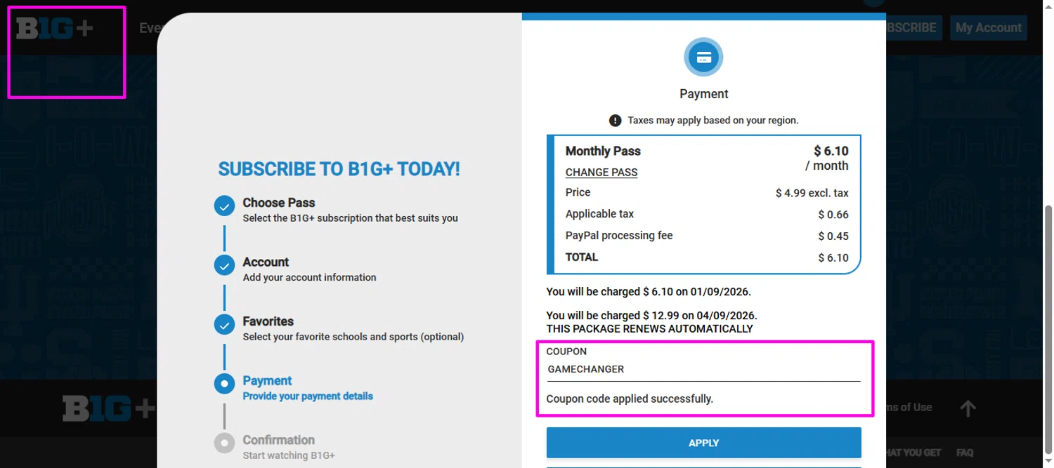 Big Ten Plus coupon code screenshot showing code GAMECHANGER applied at Big Ten Plus checkout page. Uploaded by SimplyCodes community member mrdarcy on Jan 10, 2026